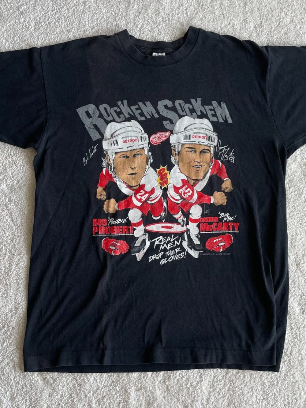 VTG 1993 Detroit Red Wings Rock Em Sock Em Probert McCarty Single Stitch Shirt L